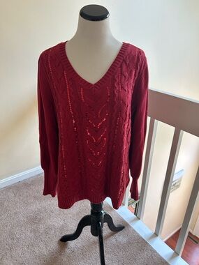 Belle by Kim Gravel Red V-Neck Sequin Cable Knit Sweater